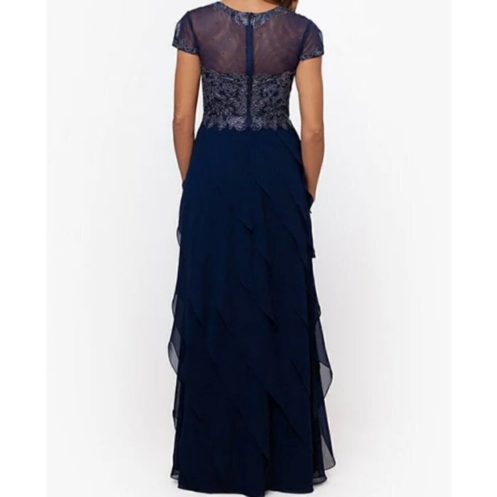 Xscape Embroidered Cap Sleeve Sweetheart Neckline Tiered Gown in Navy/Silver - Picture 6 of 14